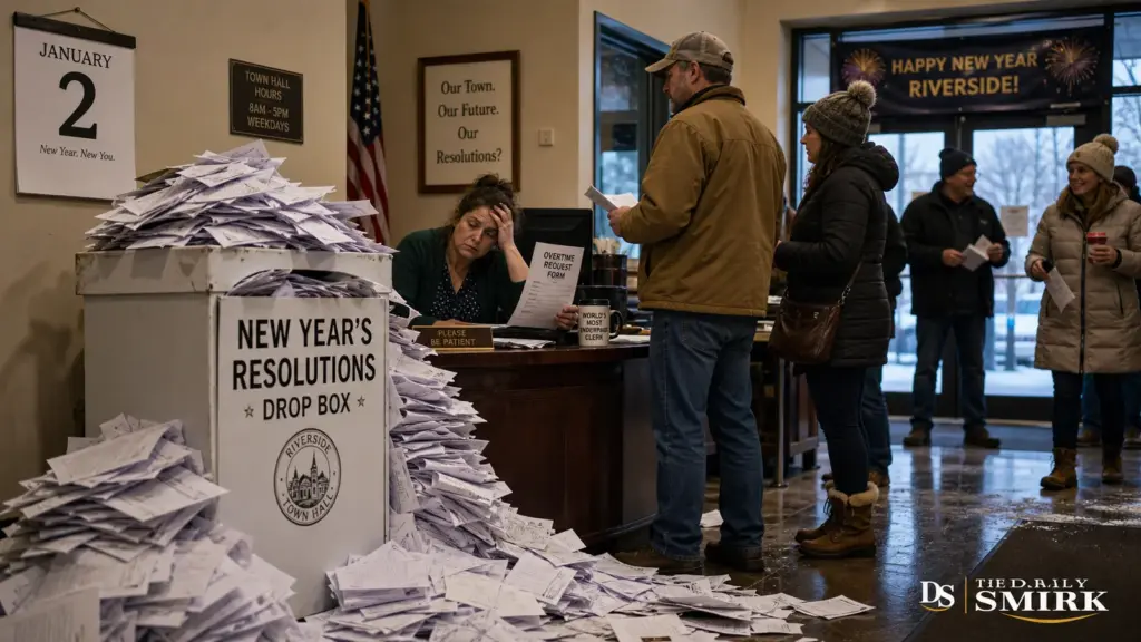 An exhausted town clerk beside an overflowing New Year resolution drop box
