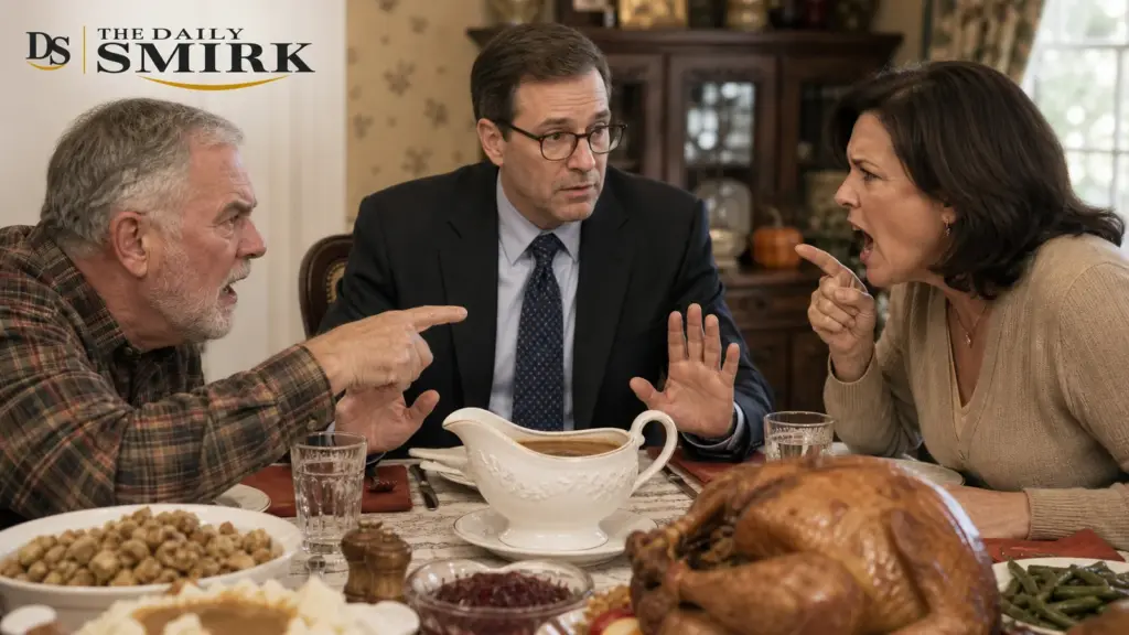 A mediator separates relatives arguing over a Thanksgiving gravy boat