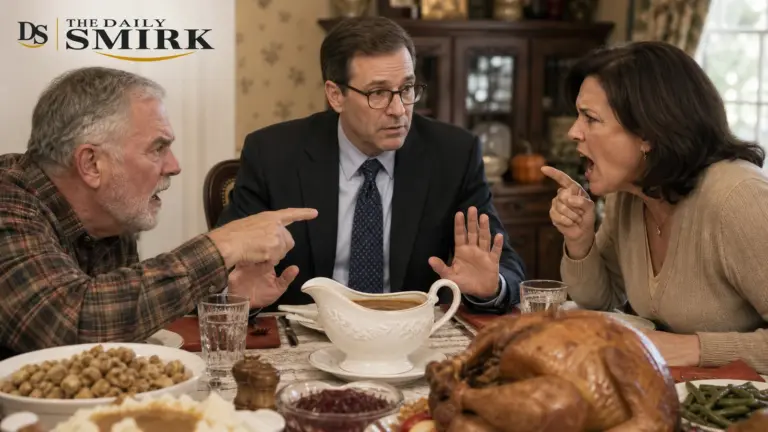 A mediator separates relatives arguing over a Thanksgiving gravy boat