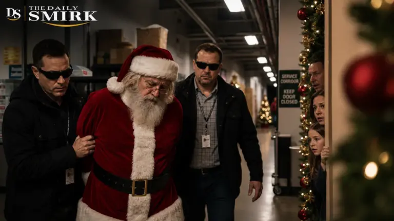 Mall Santa escorted through a service corridor by security agents