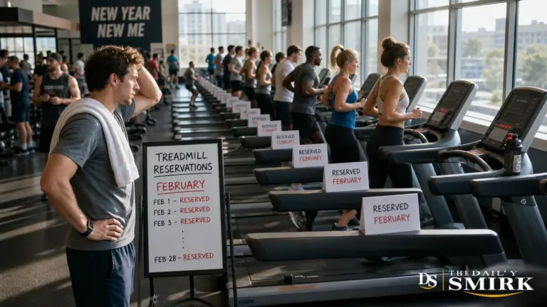 A gym visitor discovers every treadmill has been reserved for February