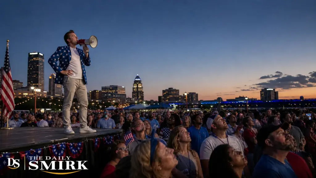 A confident man shouts through a megaphone while a July Fourth crowd waits for fireworks