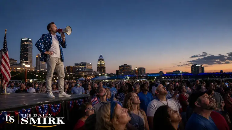 A confident man shouts through a megaphone while a July Fourth crowd waits for fireworks