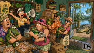 Chaotic Florida swamp souvenir shop shipping rush in Sunday comic style