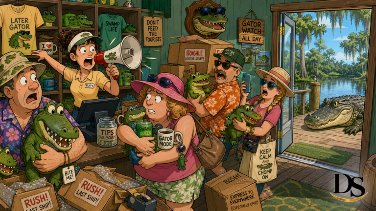 Chaotic Florida swamp souvenir shop shipping rush in Sunday comic style