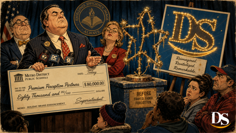 School district unveils an expensive rebrand for a frayed holiday fixture in pulp comic style
