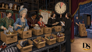 Actors pack theater subscription boxes before a holiday deadline in ligne-claire comic style