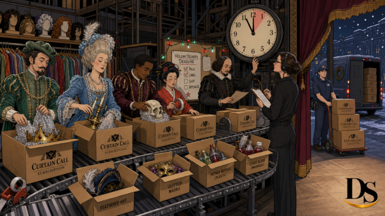 Actors pack theater subscription boxes before a holiday deadline in ligne-claire comic style