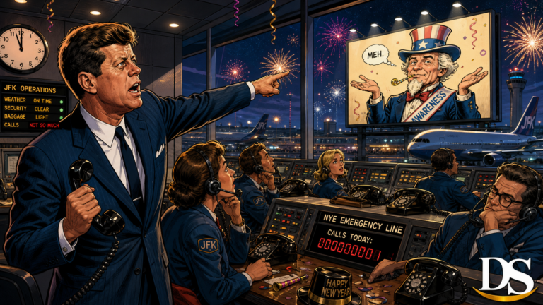 Idle New Years emergency hotline at JFK airport in modern action-comic style