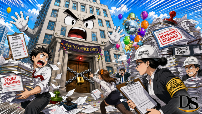 Office building and inspectors overwhelmed by party permits in manga-inspired comic style
