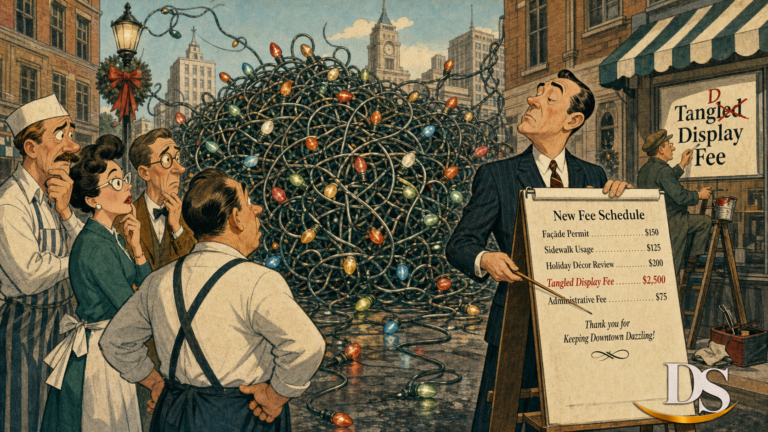 Downtown merchants confront a tangled holiday display fee in mid-century cartoon style