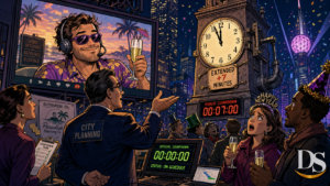 Outsourced New Years countdown mysteriously extended seven minutes in editorial comic style
