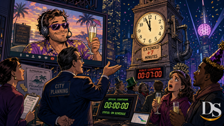 Outsourced New Years countdown mysteriously extended seven minutes in editorial comic style