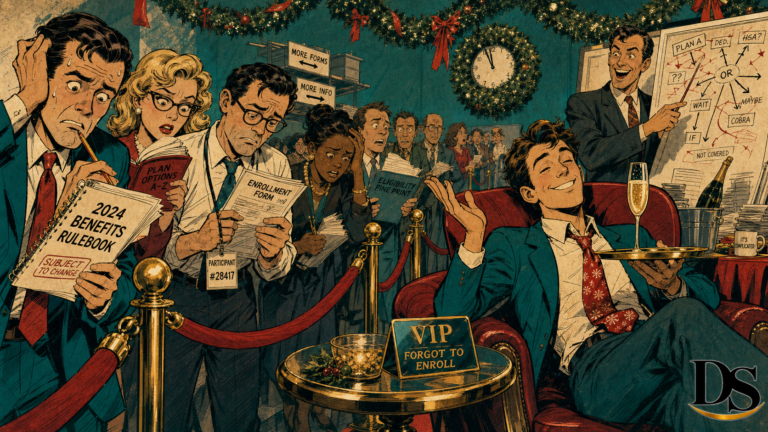 Employee who forgot to enroll gets VIP office party treatment in vintage pulp comic style