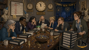 Exhausted library board meets through New Years Eve in retro newspaper comic style