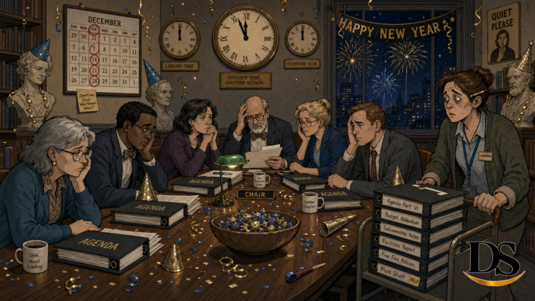 Exhausted library board meets through New Years Eve in retro newspaper comic style
