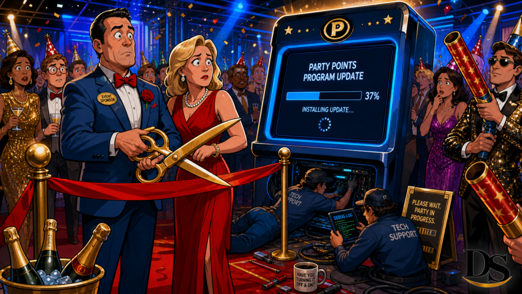Party points software update stalls a ceremonial ribbon cutting in modern comic style