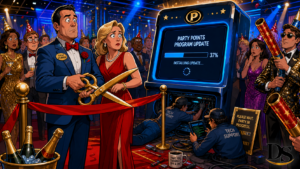 Party points software update stalls a ceremonial ribbon cutting in modern comic style