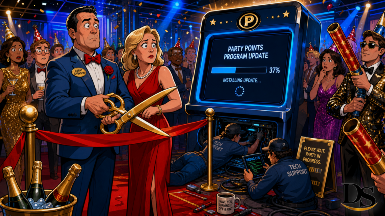 Party points software update stalls a ceremonial ribbon cutting in modern comic style