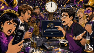 New Years Eve loyalty app software update chaos in comic-book style