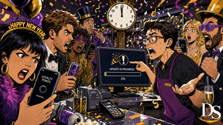 New Years Eve loyalty app software update chaos in comic-book style