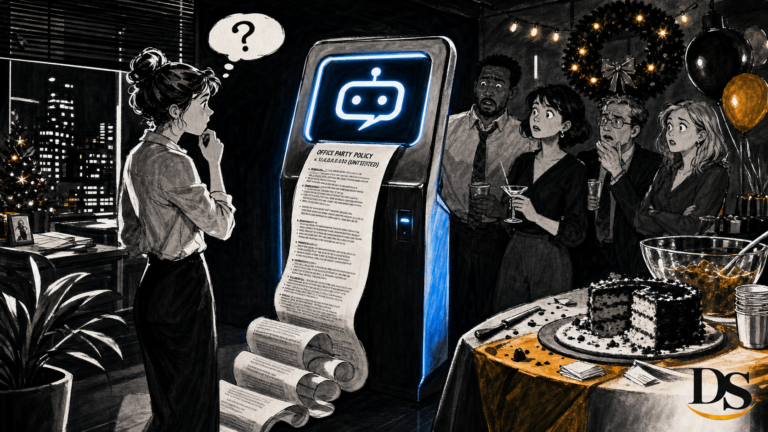 Untested office-party chatbot prints an absurd policy in noir comic style