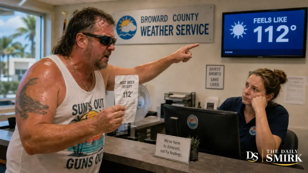 Fictional Florida man disputing a 112-degree heat index at a weather service counter