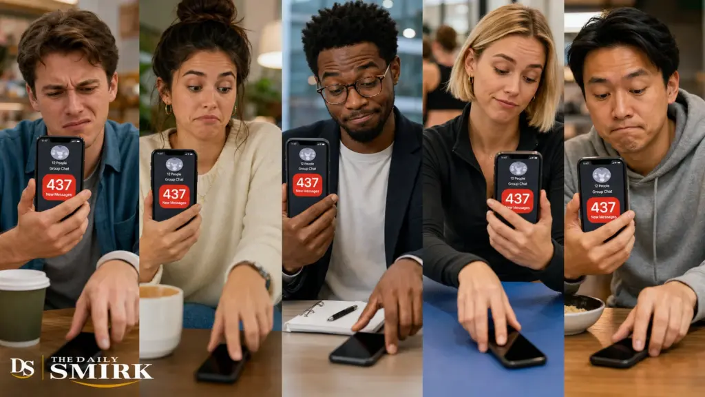 Five people reluctantly check phones showing hundreds of unread group chat messages