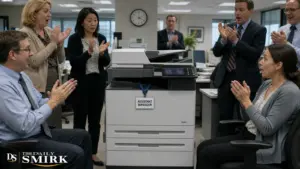 Office workers applaud a printer wearing an Assistant Manager badge