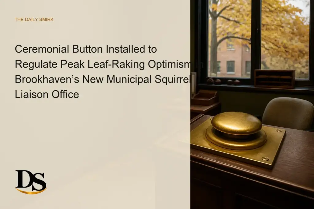 Featured image for article: Ceremonial Button Installed to Regulate Peak Leaf-Raking Optimism in Brookhaven’s New Municipal Squirrel Liaison Office