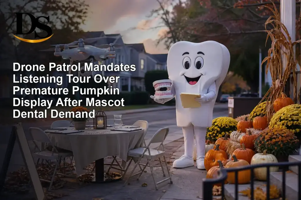 Drone Patrol Mandates Listening Tour Over Premature Pumpkin Display After Mascot Dental Demand