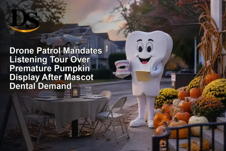 Drone Patrol Mandates Listening Tour Over Premature Pumpkin Display After Mascot Dental Demand