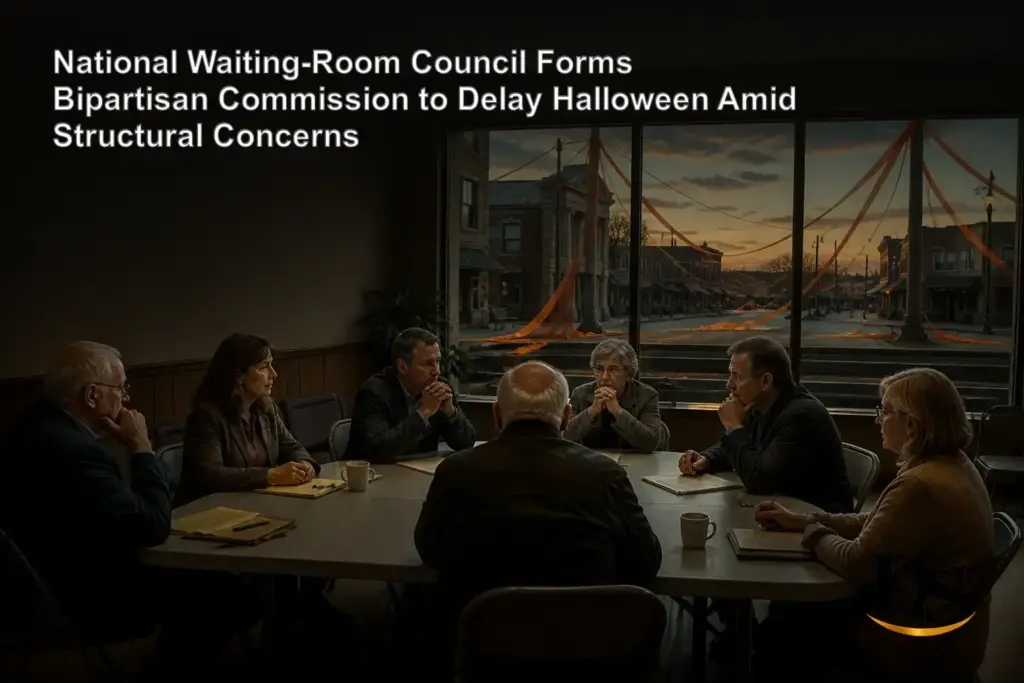 Featured image for article: National Waiting-Room Council Forms Bipartisan Commission to Delay Halloween Amid Structural Concerns