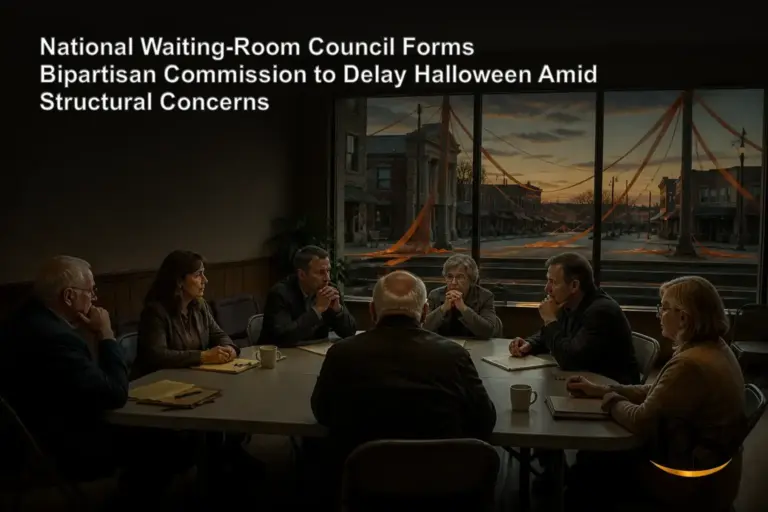 Featured image for article: National Waiting-Room Council Forms Bipartisan Commission to Delay Halloween Amid Structural Concerns